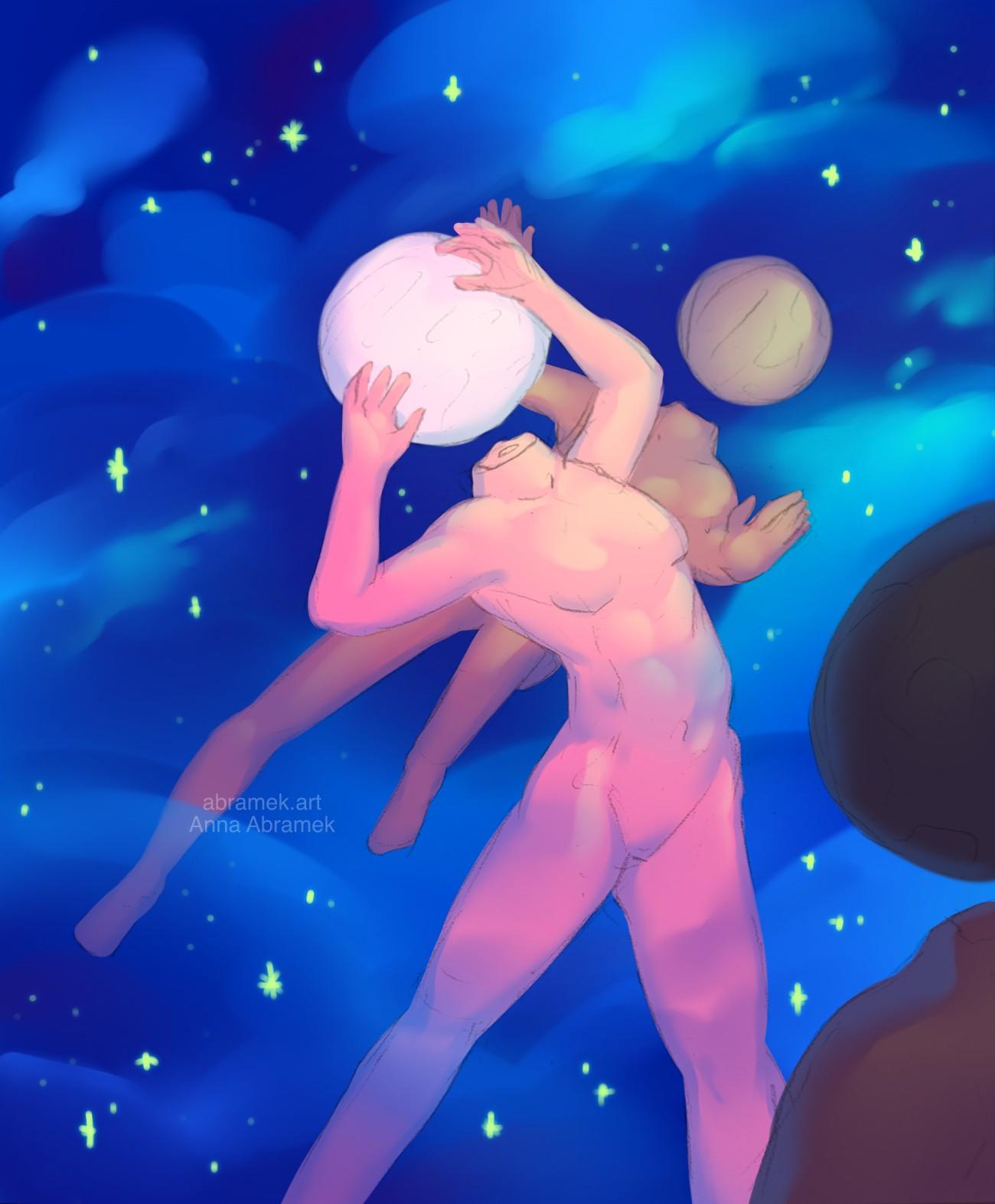 Pencil sketch with digital colouring of three humanoid characters with spherical heads floating in space.