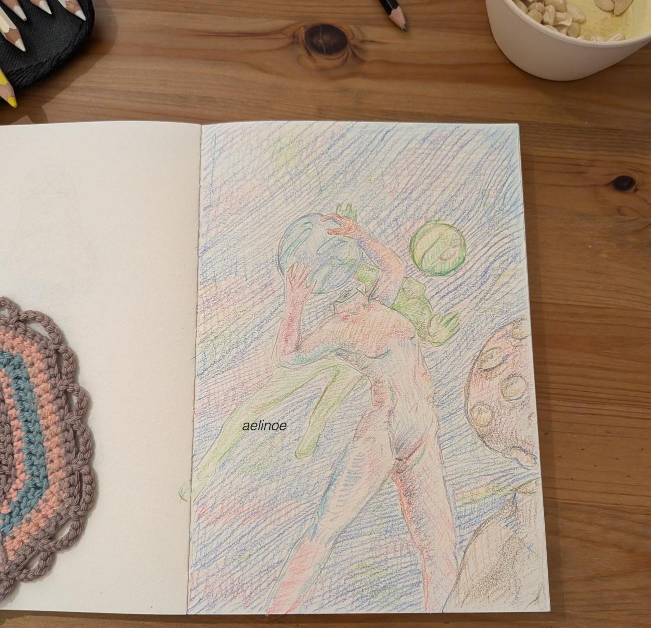 Her drawing in the sketchbook, finished with coloured pencils using layers of crosschatching to mix colours.