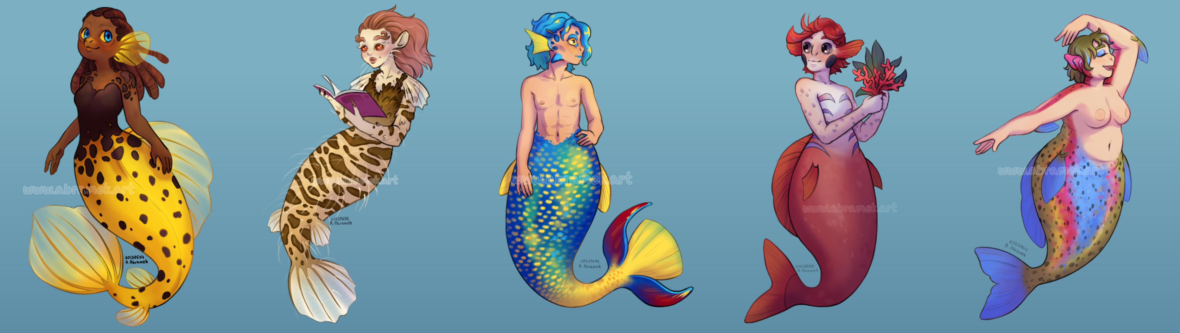 5 merfolks based on different fish species. They all have fish like features on their bodies and faces such as scales, fish eyes or skin markings. They all are more a fantasy creatures than half-human-half-fish.
