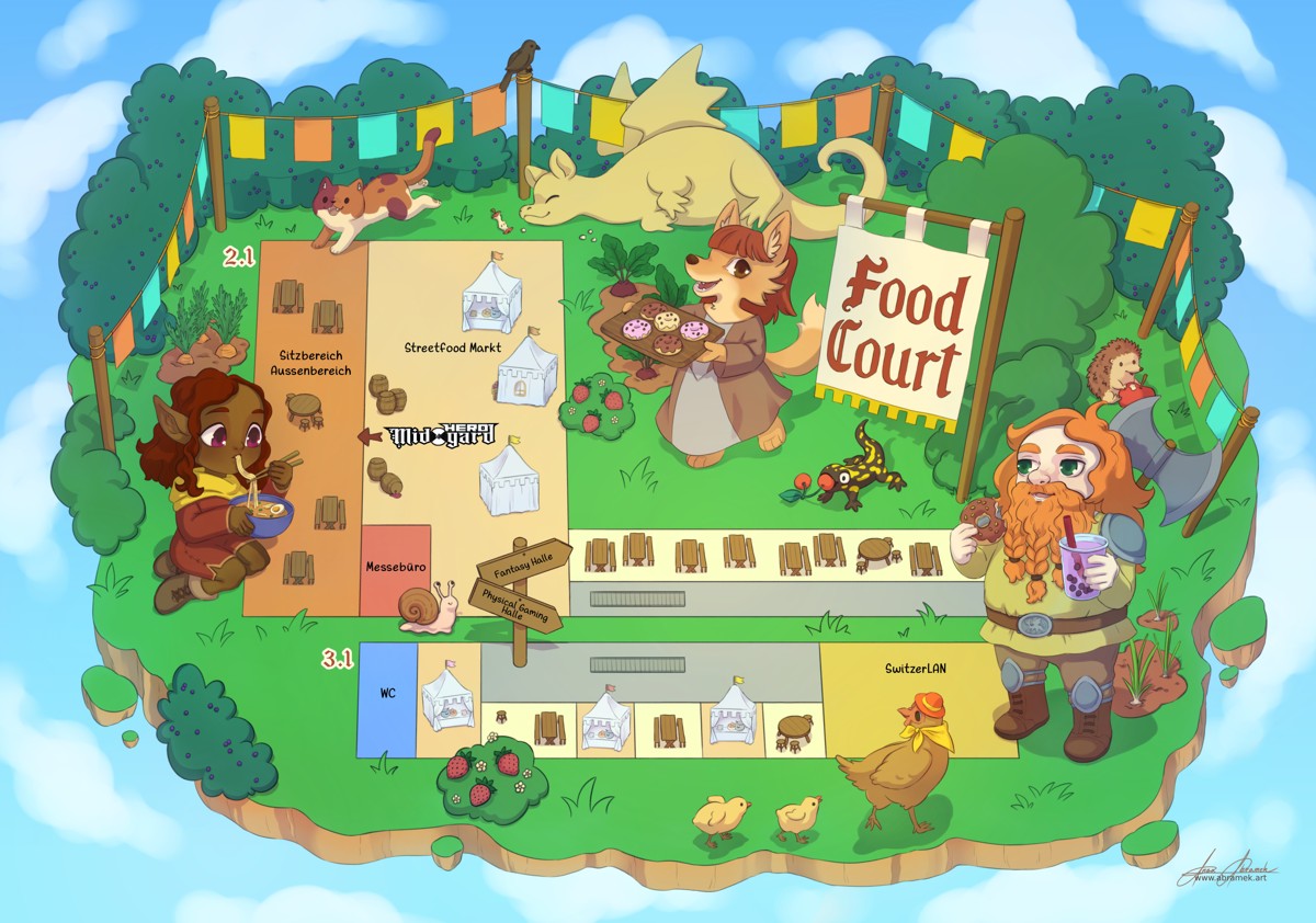 Poster with a hall plan for a convention. It shows eating areas, and is decorated with a scene of characters and animals eating and playing around the hall.