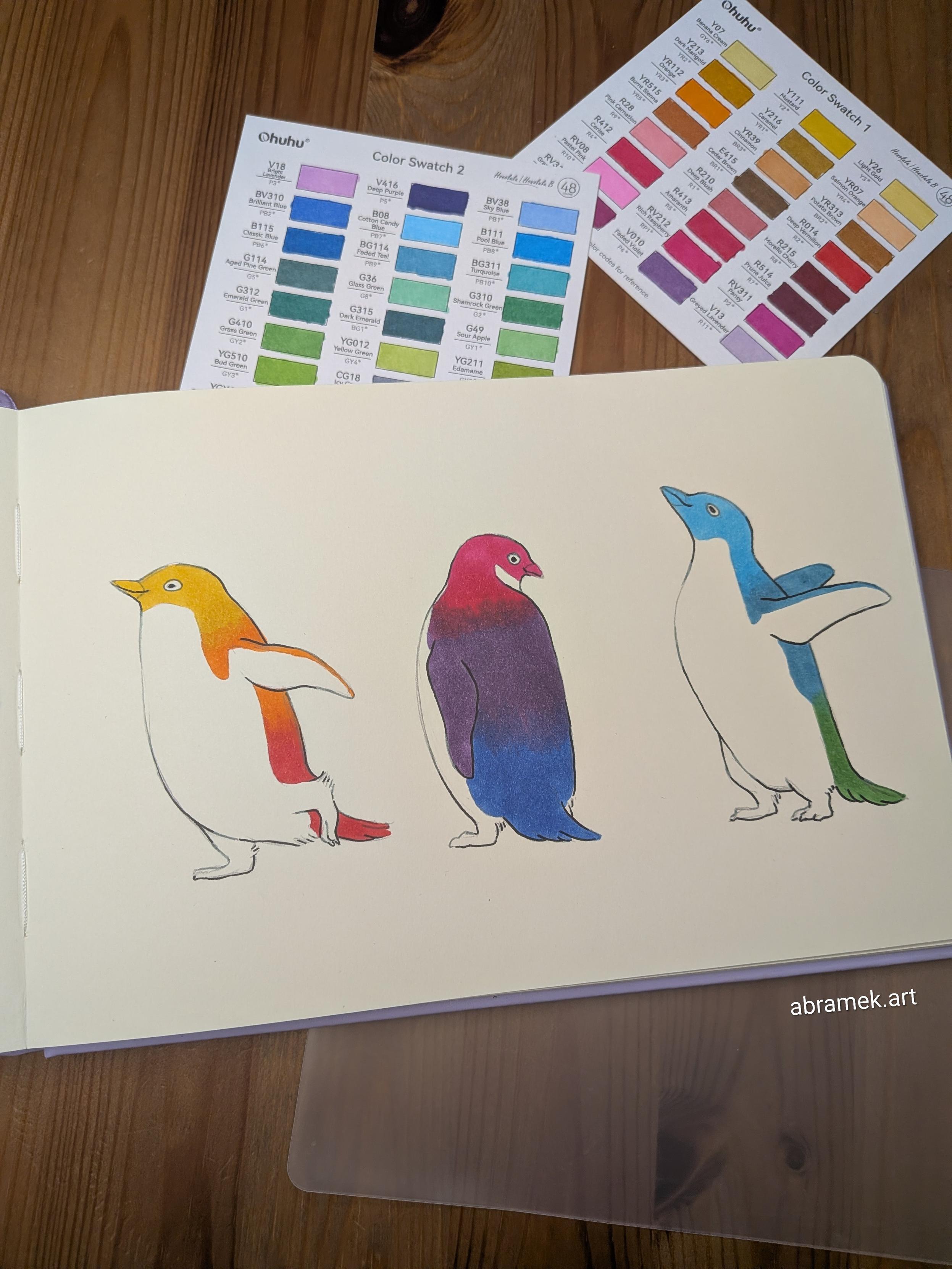 A drawing of three rainbow penguins.