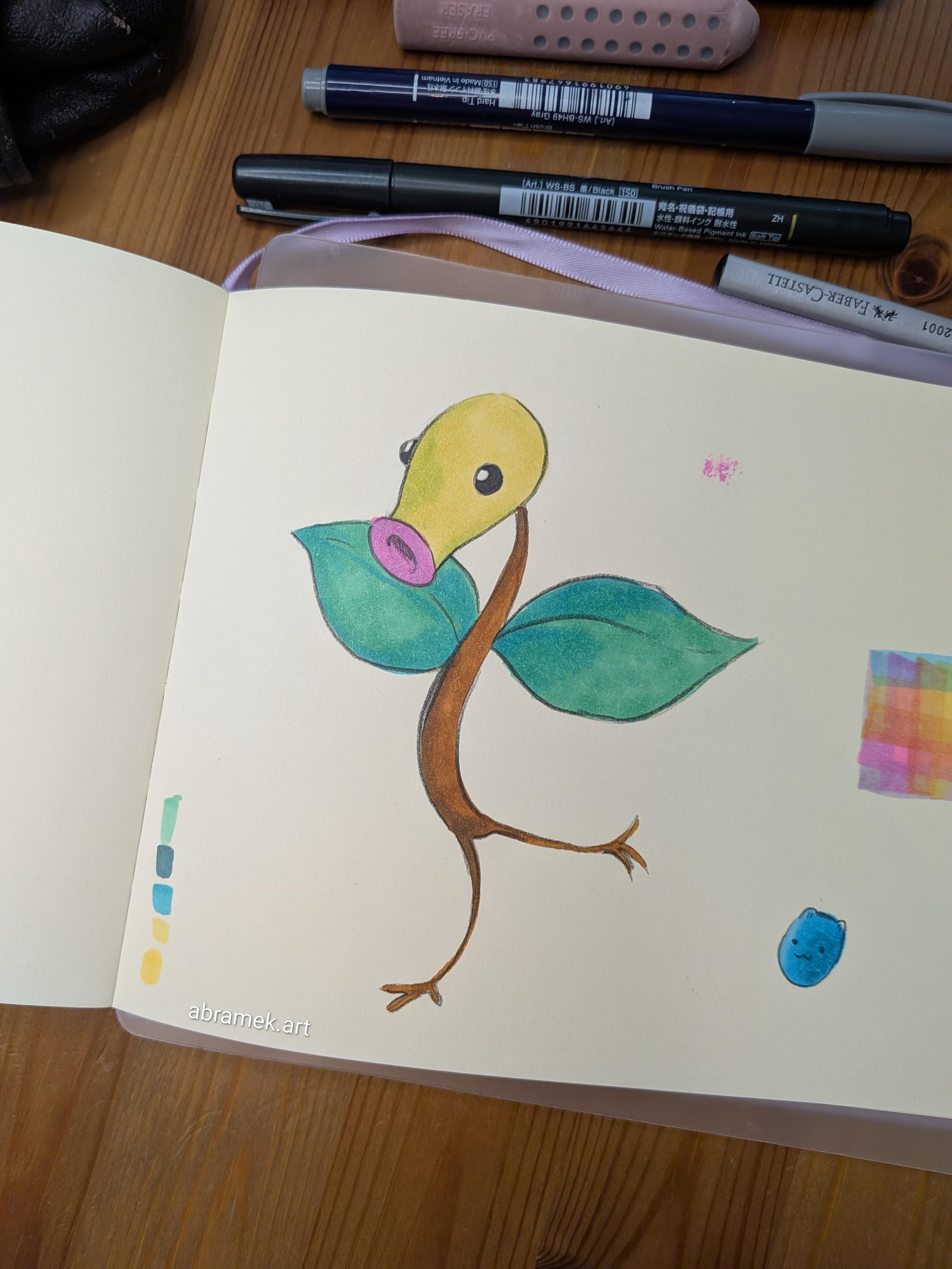 A drawing of the pokemon "Bellsprout". It's a walking stick with a carnivorous plant head.
