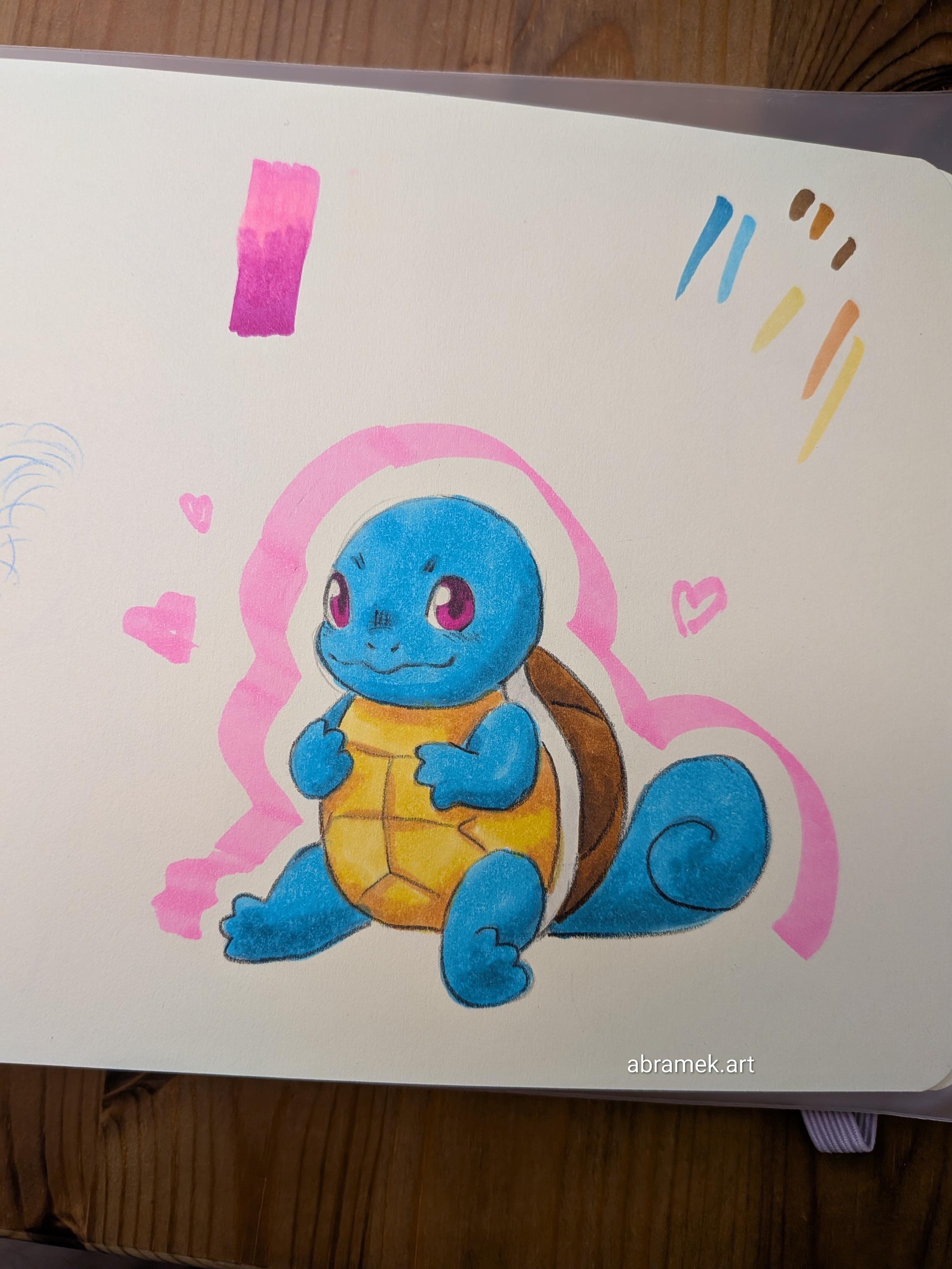 A drawing of the pokemon "Squirtle". A blue turtle with a big swirly tail.
