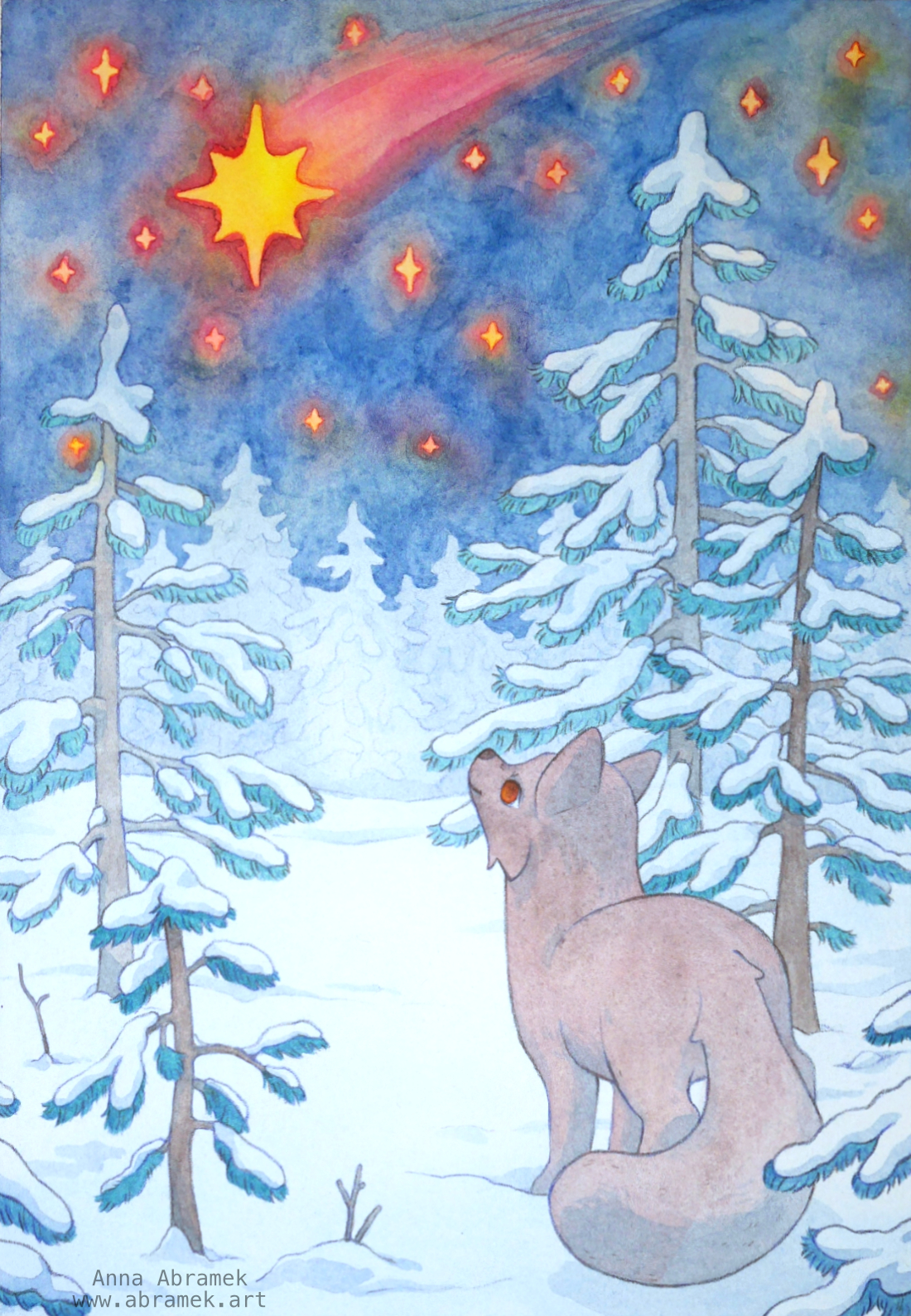 A watercolour illustartion showing a fox standing in a snowy forest and looking up at a starry sky. There is one very bright shooting star up there.