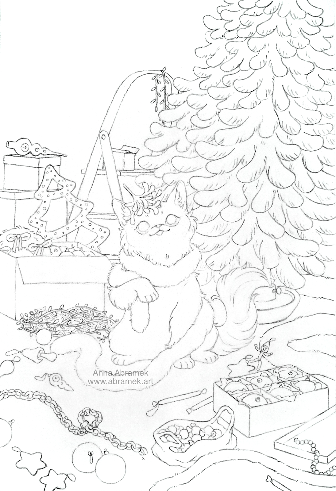 A pencil drawing of a cat playing in christmas decorations scattered on the floor.