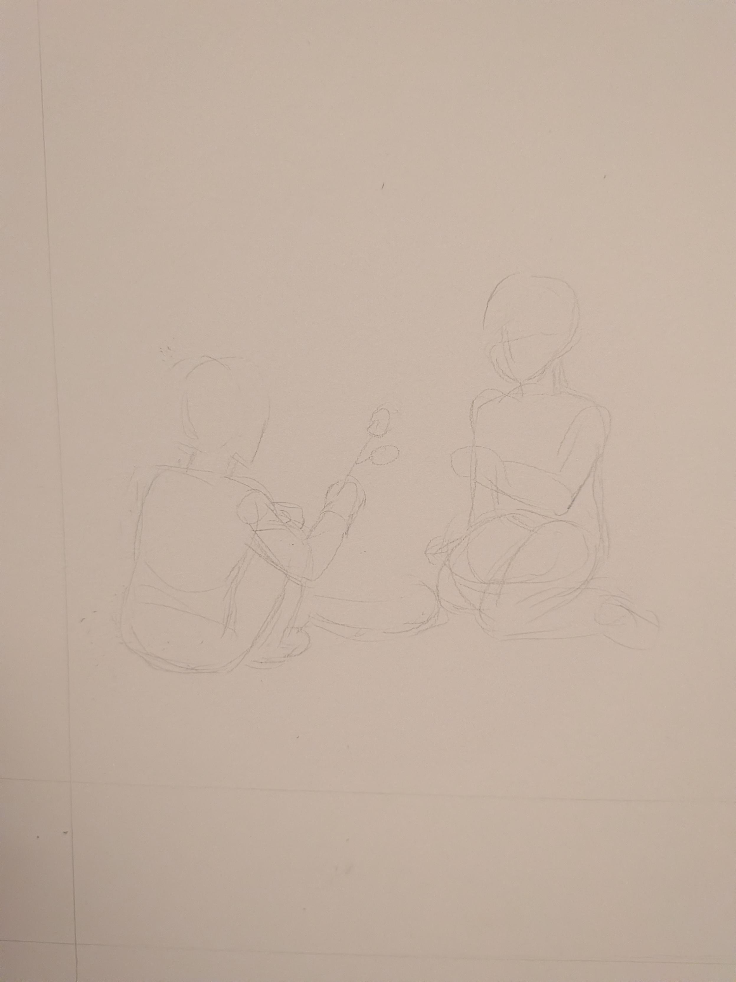 A very rough sketch of two people sitting by campfire.