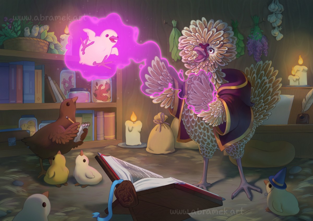 A wizard chicken lifing a tiny chick into air by magic, in front of other chicks who are taking notes. The scene takes place in a coop that is also a wizard's atelier, with all the tools and books for study and magic.