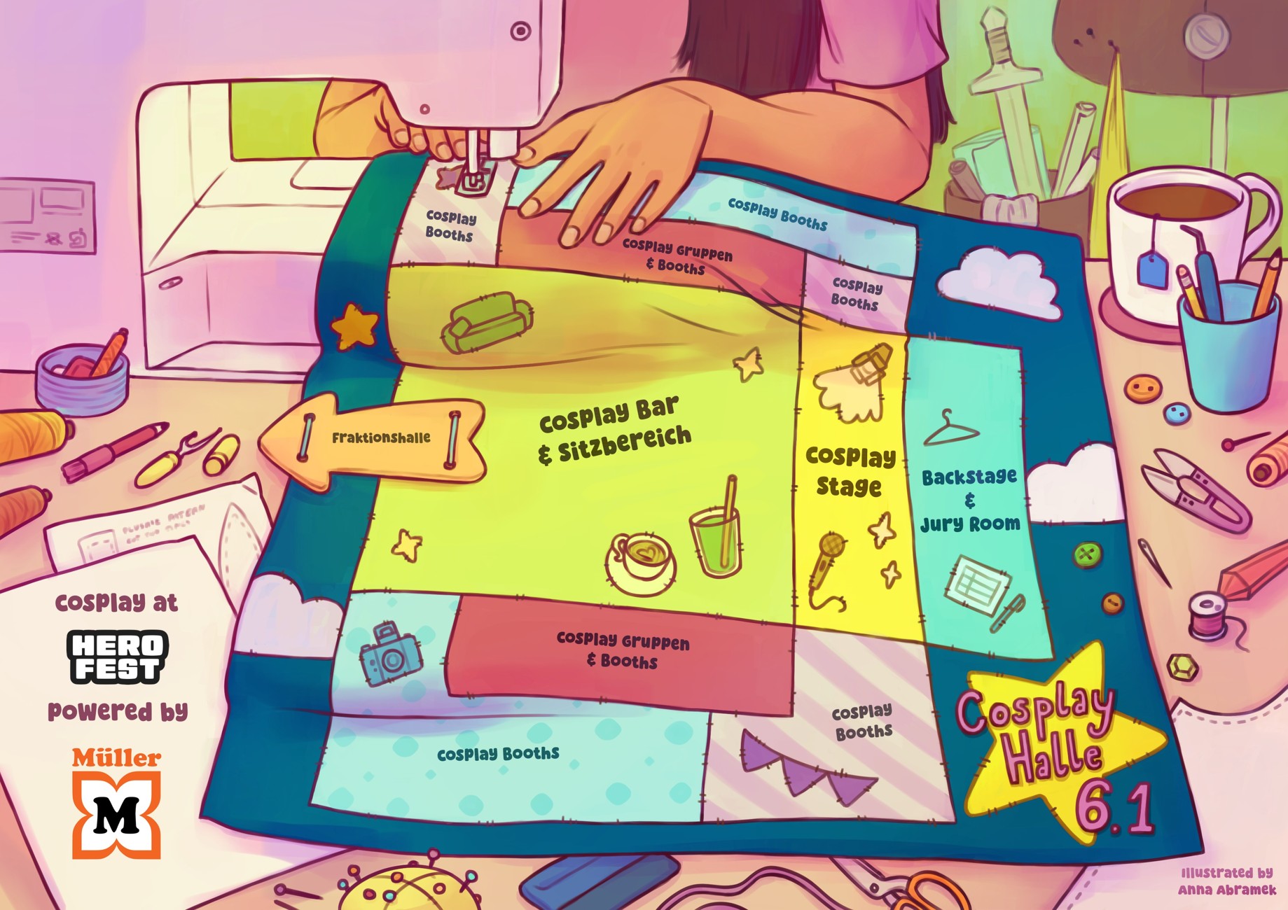 An illustrated hall plan titled "Coplay Hall". The image shows a person working on a colourful quilt that presents the hall plan. All around the table and the workspace there are scattered sewing and crafting tools.