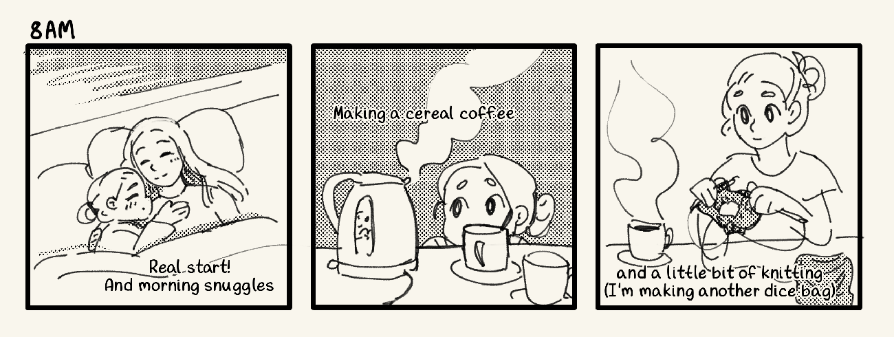 A fragment of a comic page showing me waking up and making coffee.