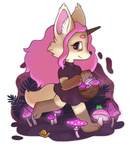 A fox girl with long pink curly hair, wearing a short dress. She's walking and carrying a basket of mushrooms.