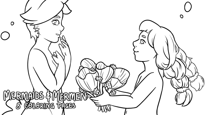 A cropped colouring page featuring two mermaids. One is handing a bouqet of corals to the other mermaid, who has a happy and flushed expression.