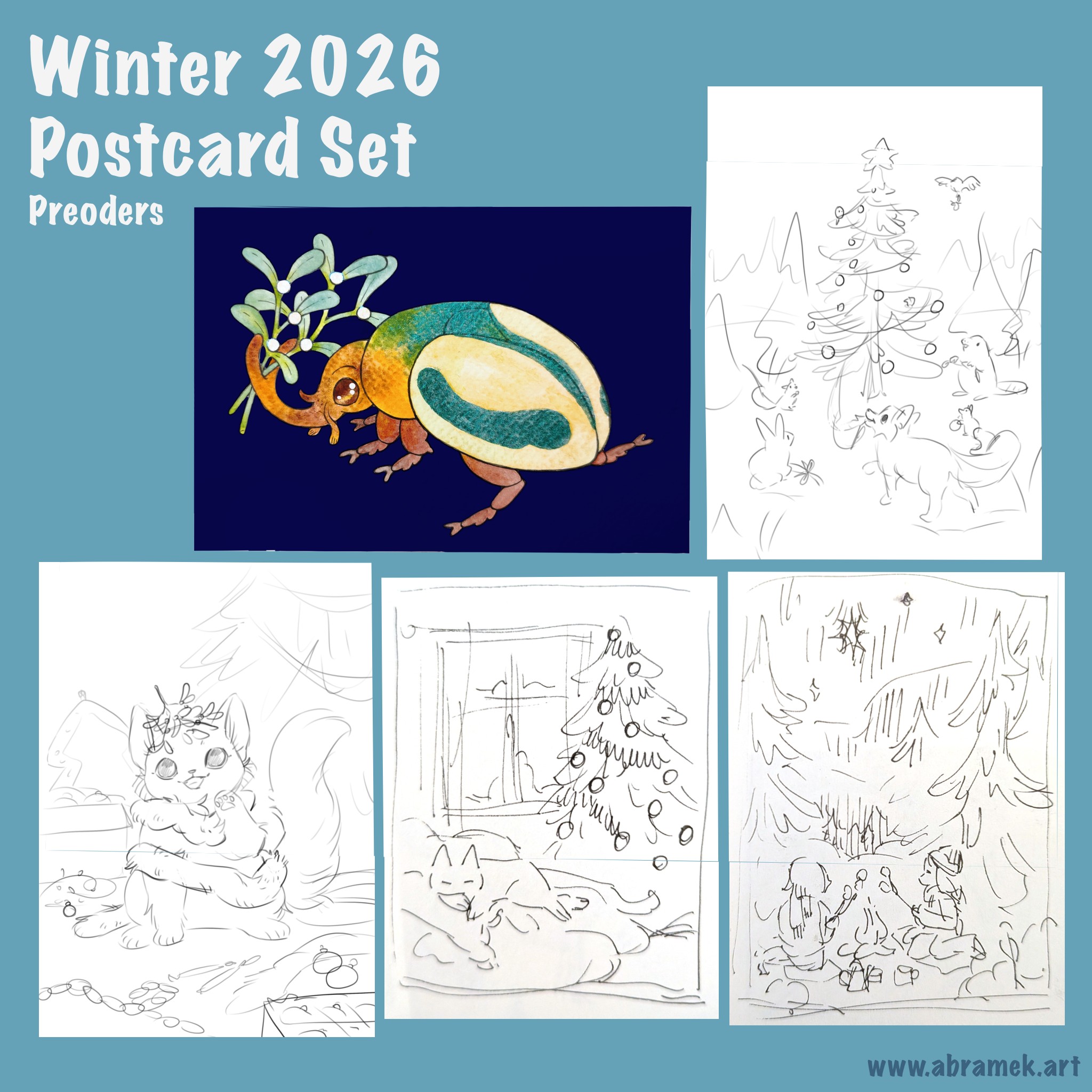 Winter 2026 Postcard Set, a graphic with five postcard sketches.