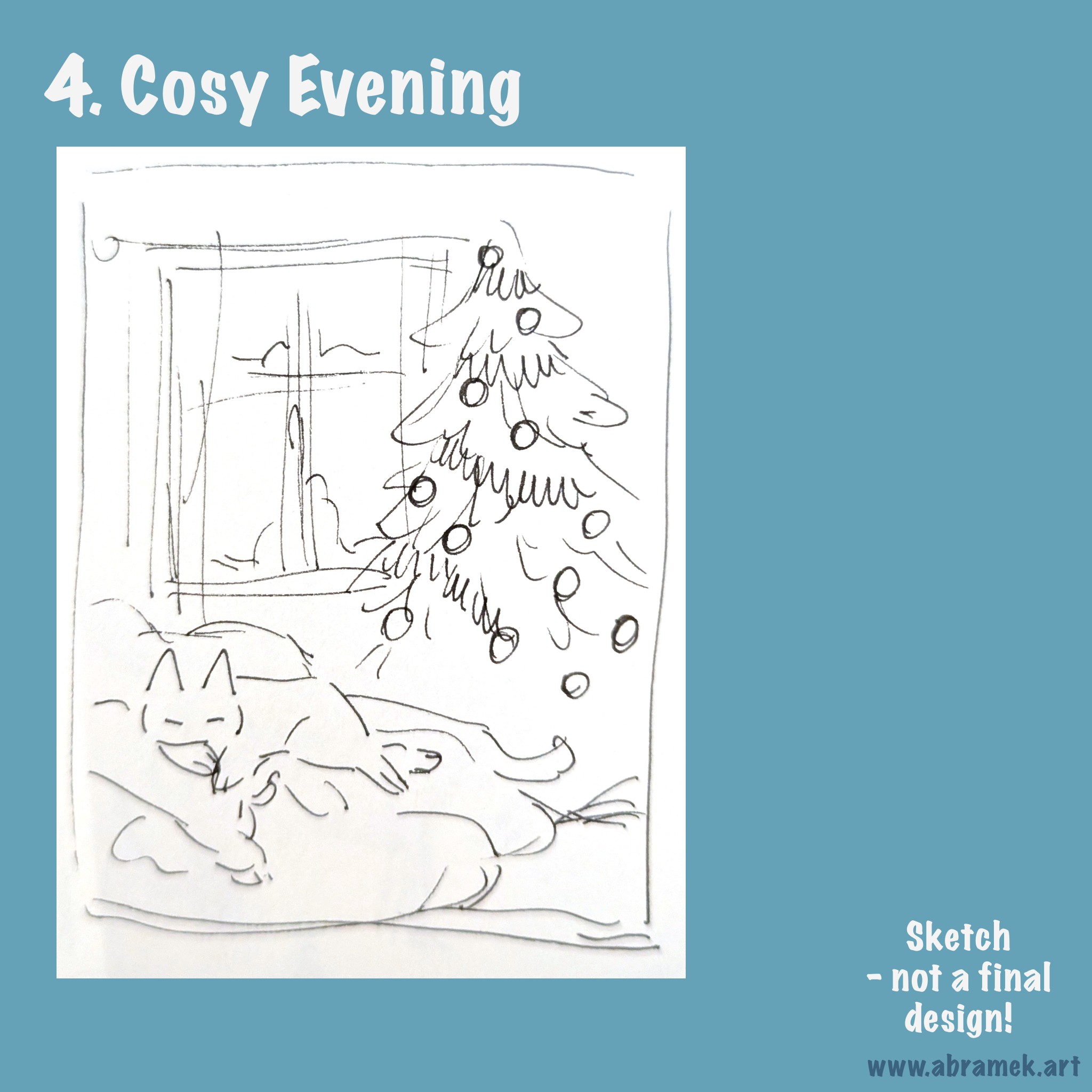 4. Cosy Evening - a sketch of a cat sleeping on a seat next to a christmas tree.