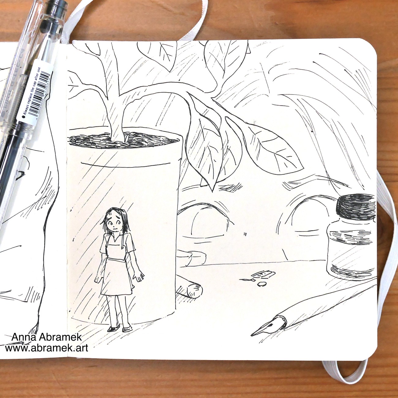 A pen drawing showing a tiny human hiding behind a flowerpot from a normal sized human. The large person is looking at a tiny set of paints left behind by the tiny person on a table.
