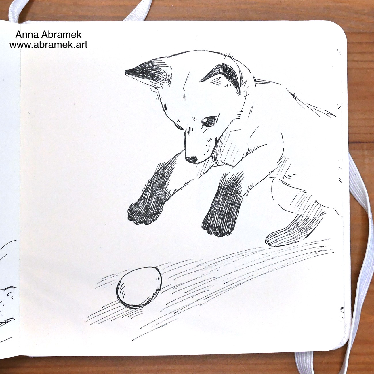 A pen drawing of a fox pup jumping towards an egg lying on the ground.