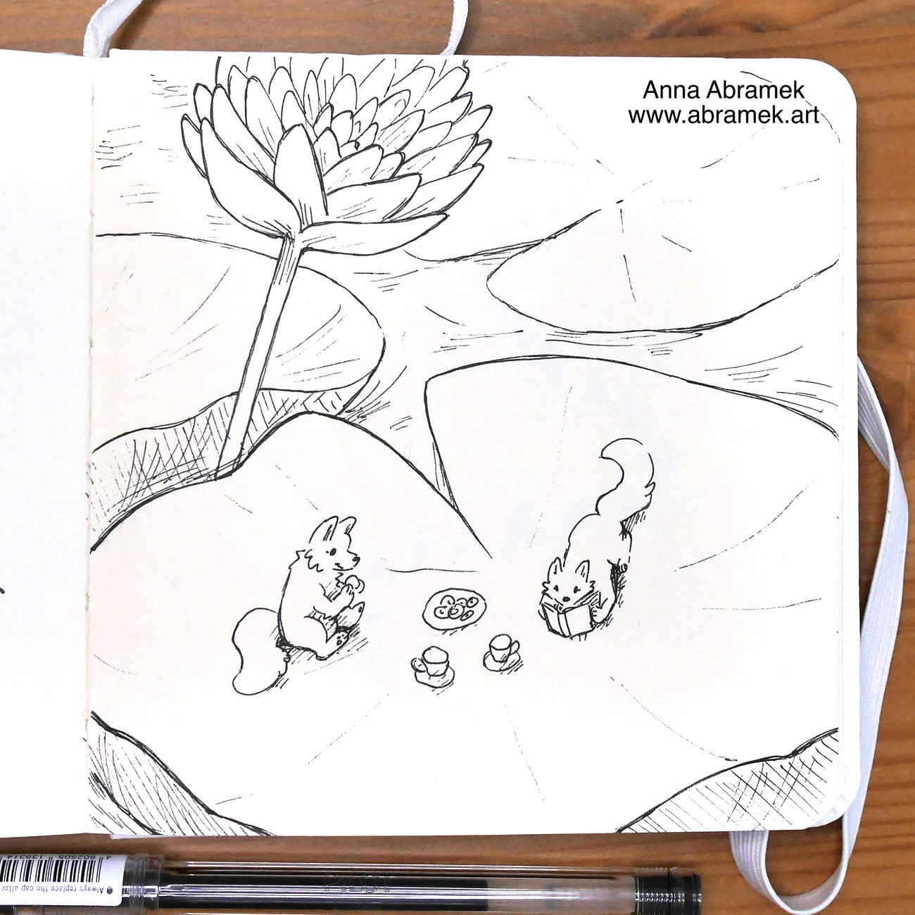 A pen drawing of two foxes having a picnic on a gigantic lilypad.