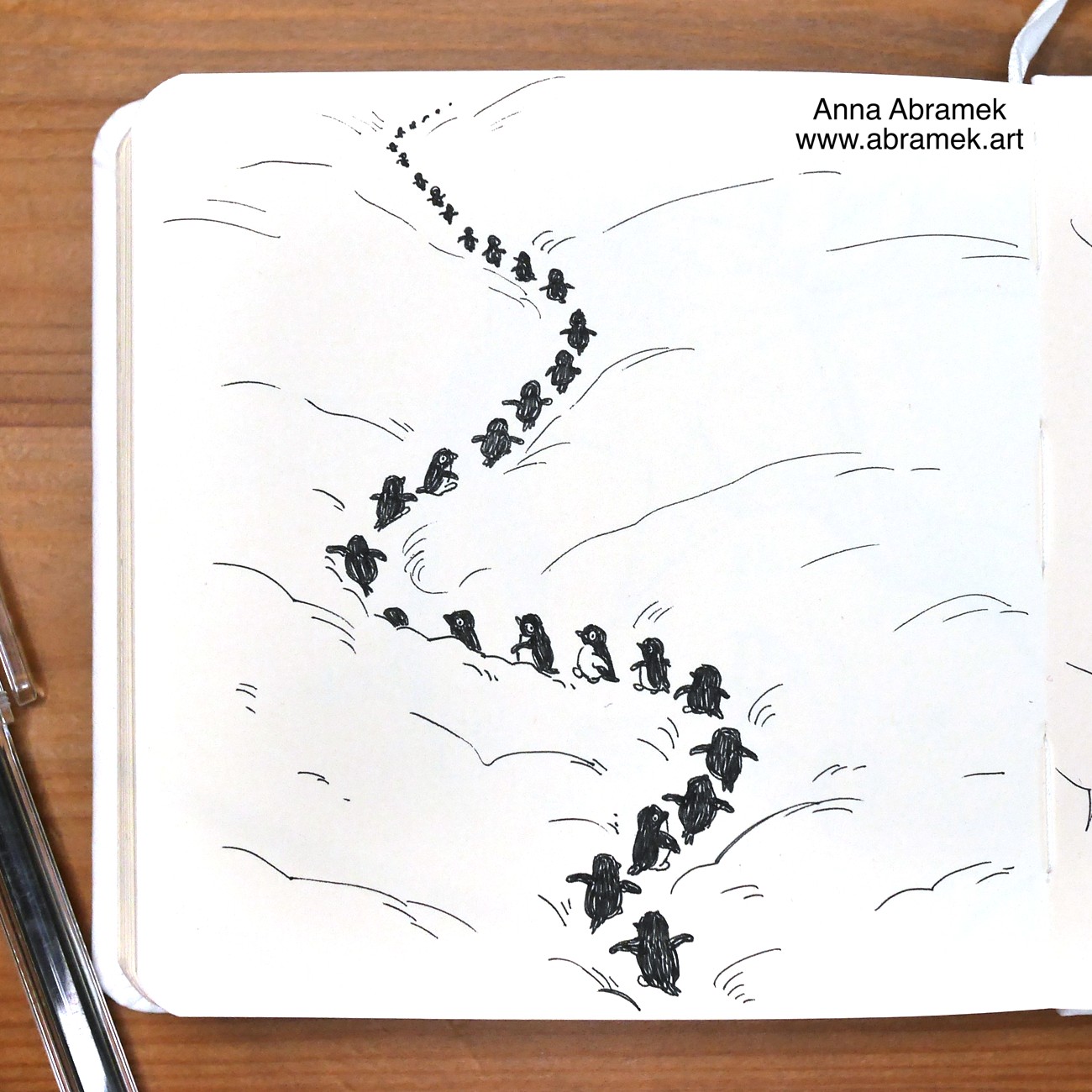 A pen drawing of penguins walking one behind another in a narrow valley in the snow field.