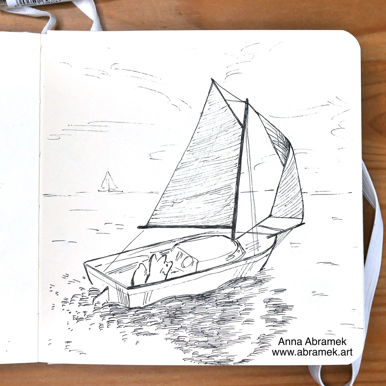 A pen drawing of a fox on a sailboat.
