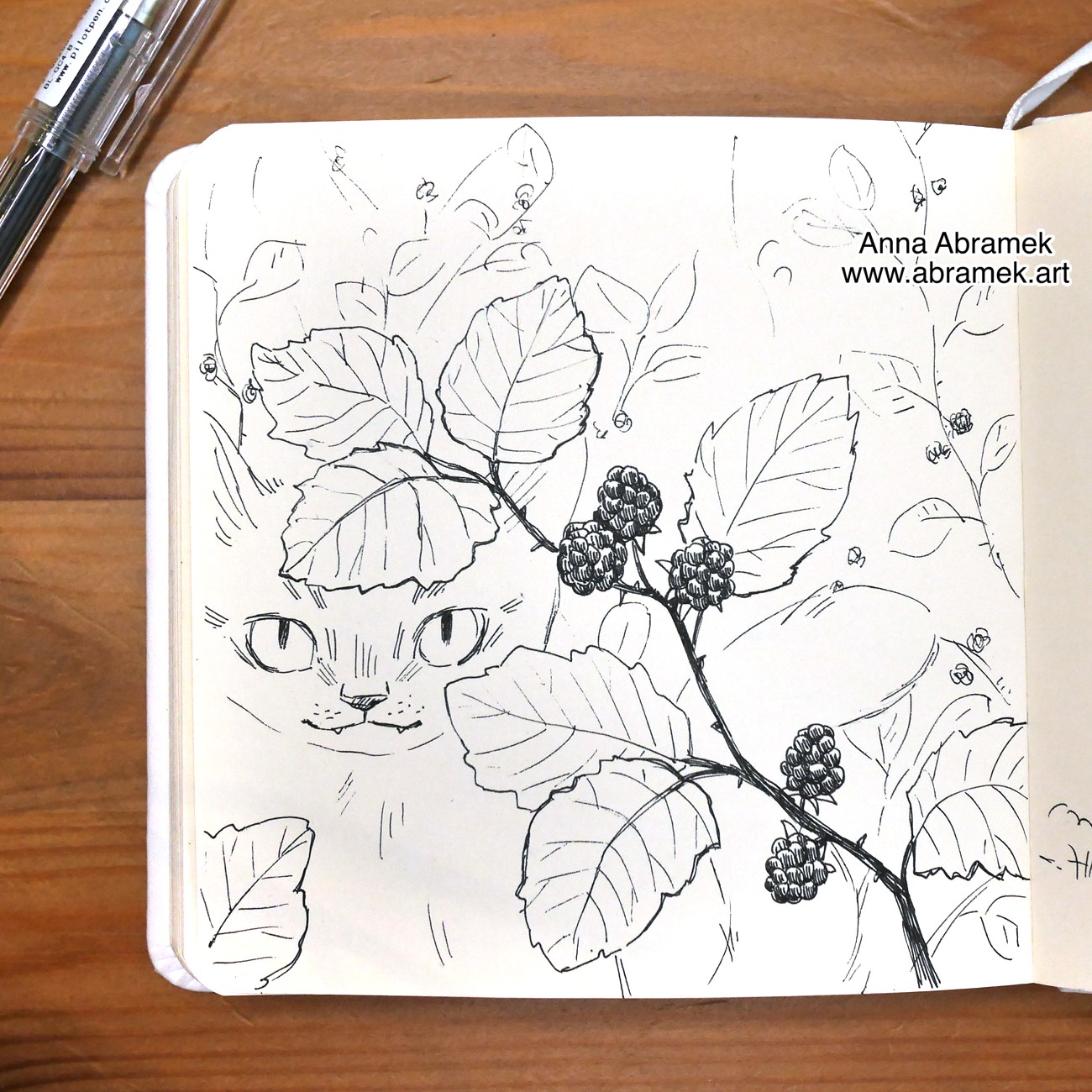 A pen drawing of a cat hiding in a bramble bush.