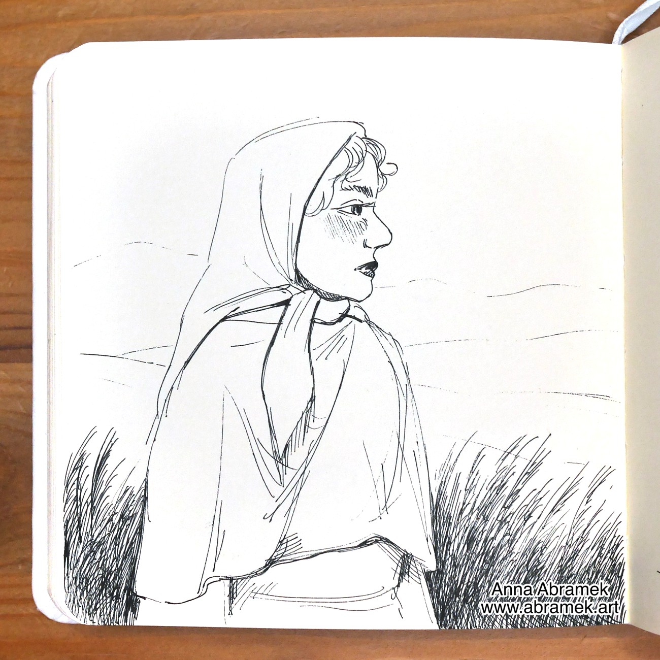 A pen drawing of a woman dressed in loose clothing covering most of her body. She's standing on a hill and looking towards the fields spanning over the land ahead.