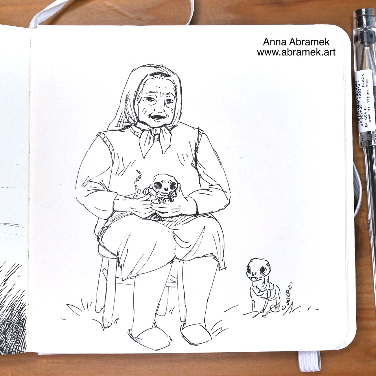 A pen drawing of an elderly woman sitting on a garden stool with two skeleton cats.
